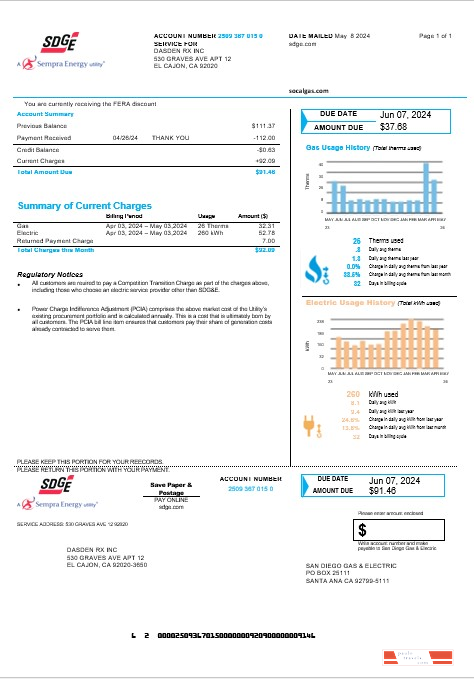 USA California San Diego Gas & Electric (SDG&E) business utility bill template in Word and PDF formats